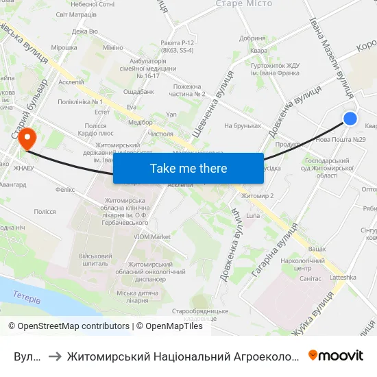 Вул. Гагаріна to Житомирський Національний Агроекологічний Університет / Zhytomyr National Agroecological University map