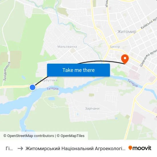 Гідропарк to Житомирський Національний Агроекологічний Університет / Zhytomyr National Agroecological University map