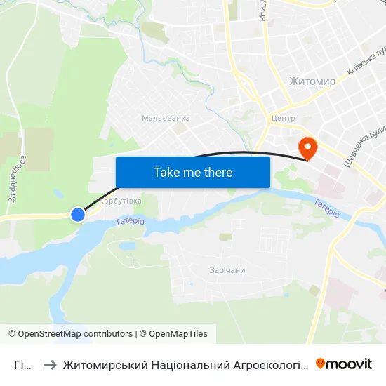 Гідропарк to Житомирський Національний Агроекологічний Університет / Zhytomyr National Agroecological University map