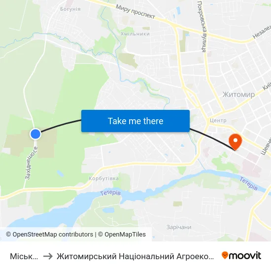 Міське Кладовище to Житомирський Національний Агроекологічний Університет / Zhytomyr National Agroecological University map