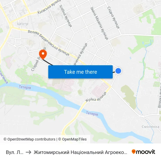 Вул. Льва Толстого to Житомирський Національний Агроекологічний Університет / Zhytomyr National Agroecological University map