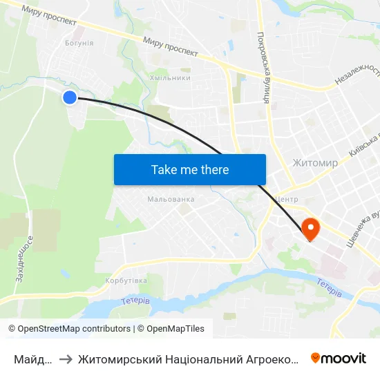 Майдан Сосновий to Житомирський Національний Агроекологічний Університет / Zhytomyr National Agroecological University map