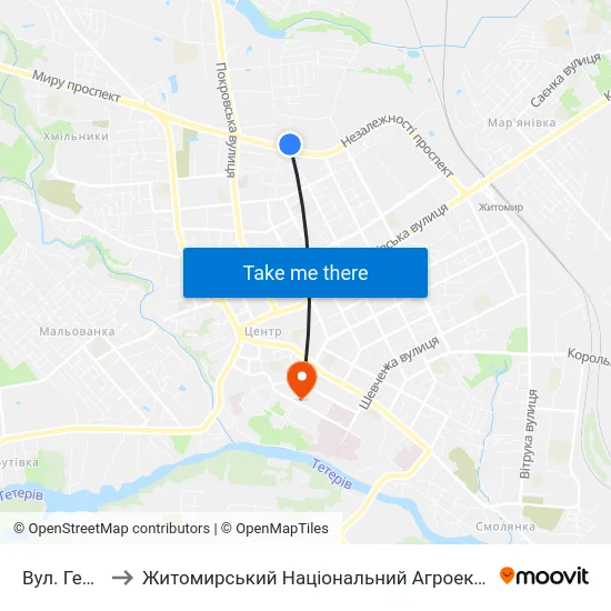 Вул. Генерала Потапова to Житомирський Національний Агроекологічний Університет / Zhytomyr National Agroecological University map