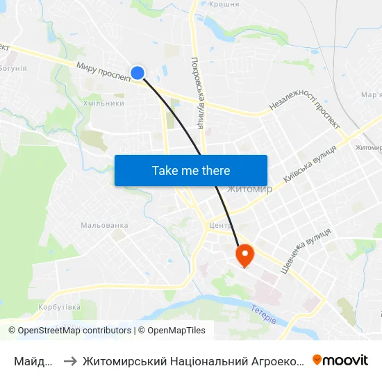 Майдан Визволення to Житомирський Національний Агроекологічний Університет / Zhytomyr National Agroecological University map