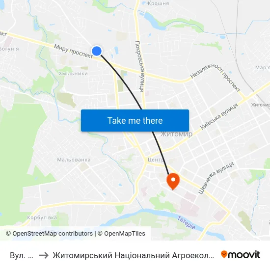 Вул. Максютова to Житомирський Національний Агроекологічний Університет / Zhytomyr National Agroecological University map