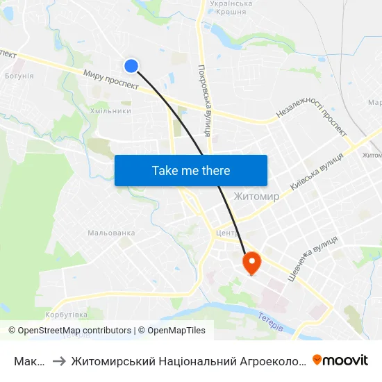 Максютова 18 to Житомирський Національний Агроекологічний Університет / Zhytomyr National Agroecological University map