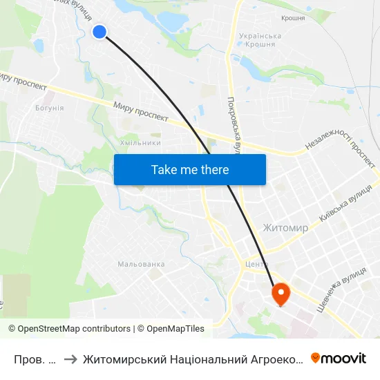 Пров. Археологічний to Житомирський Національний Агроекологічний Університет / Zhytomyr National Agroecological University map