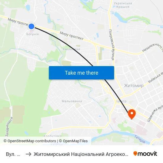 Вул. Красовського to Житомирський Національний Агроекологічний Університет / Zhytomyr National Agroecological University map