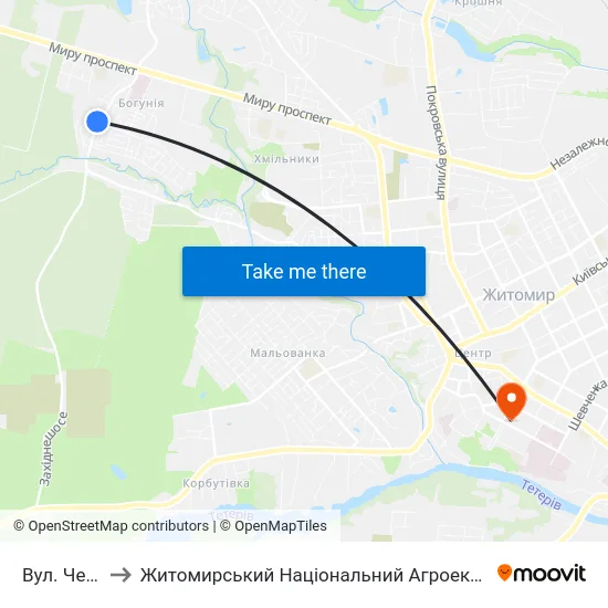 Вул. Червоноармійська to Житомирський Національний Агроекологічний Університет / Zhytomyr National Agroecological University map