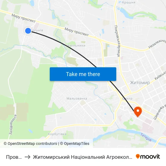 Пров. 1-Й Лісний to Житомирський Національний Агроекологічний Університет / Zhytomyr National Agroecological University map