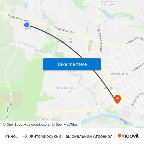 Ринок Економний to Житомирський Національний Агроекологічний Університет / Zhytomyr National Agroecological University map