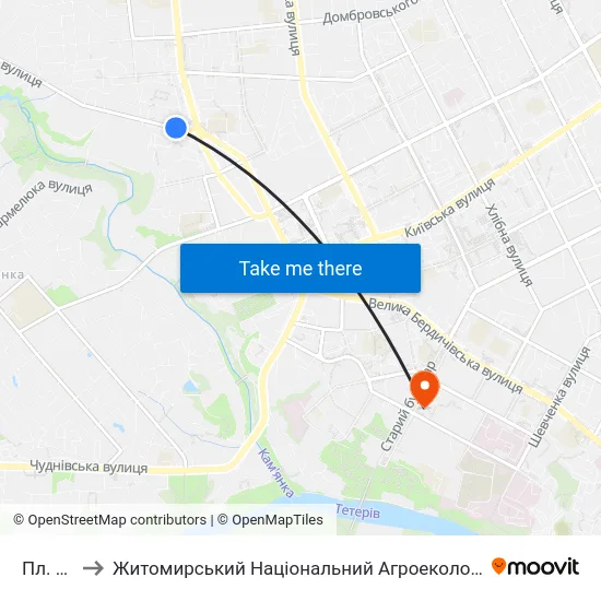 Пл. Короленка to Житомирський Національний Агроекологічний Університет / Zhytomyr National Agroecological University map