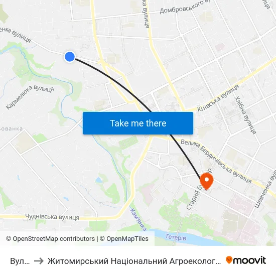 Вул. Чехова to Житомирський Національний Агроекологічний Університет / Zhytomyr National Agroecological University map
