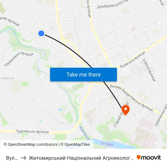 Вул. Чехова to Житомирський Національний Агроекологічний Університет / Zhytomyr National Agroecological University map