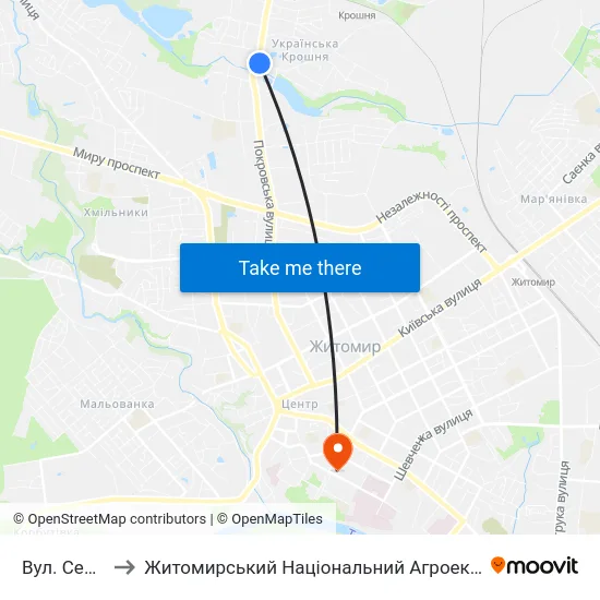 Вул. Северина Наливайка to Житомирський Національний Агроекологічний Університет / Zhytomyr National Agroecological University map