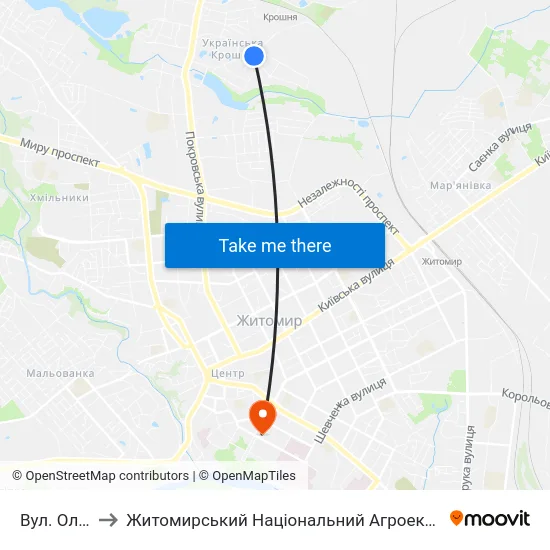 Вул. Олександра Олеся to Житомирський Національний Агроекологічний Університет / Zhytomyr National Agroecological University map