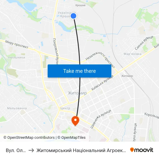 Вул. Олександра Олеся to Житомирський Національний Агроекологічний Університет / Zhytomyr National Agroecological University map