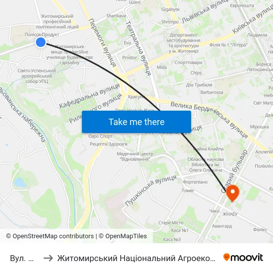 Вул. Маяковського to Житомирський Національний Агроекологічний Університет / Zhytomyr National Agroecological University map