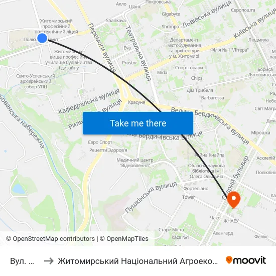 Вул. Маяковського to Житомирський Національний Агроекологічний Університет / Zhytomyr National Agroecological University map