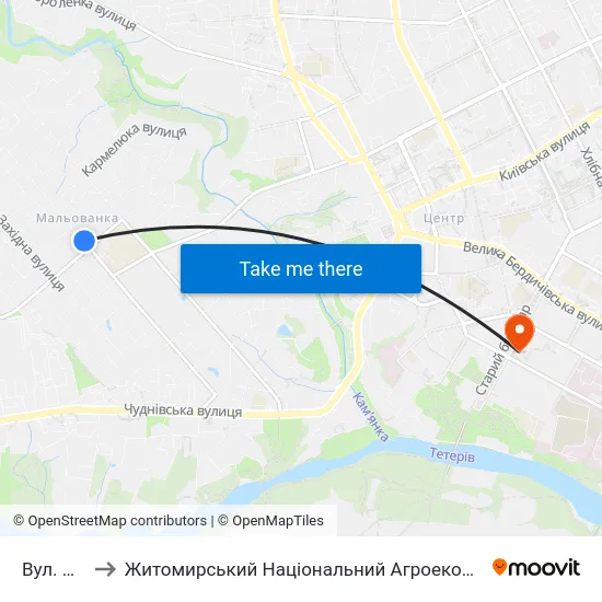 Вул. Островського to Житомирський Національний Агроекологічний Університет / Zhytomyr National Agroecological University map