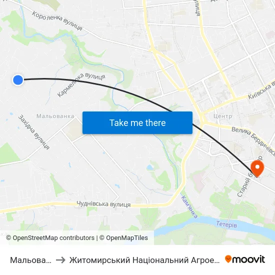 Мальованка (Фабрика Крок) to Житомирський Національний Агроекологічний Університет / Zhytomyr National Agroecological University map