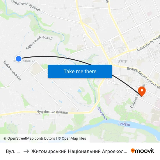 Вул. Кармелюка to Житомирський Національний Агроекологічний Університет / Zhytomyr National Agroecological University map