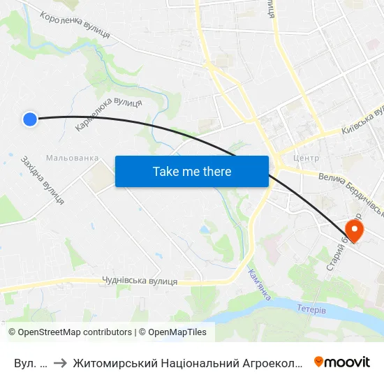Вул. Каховська to Житомирський Національний Агроекологічний Університет / Zhytomyr National Agroecological University map