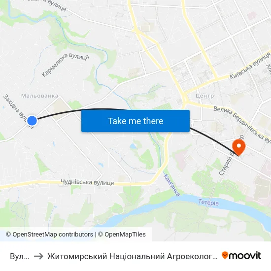 Вул. Західна to Житомирський Національний Агроекологічний Університет / Zhytomyr National Agroecological University map