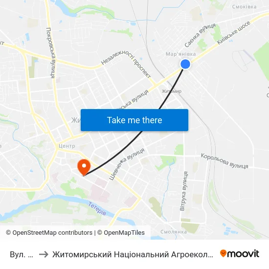Вул. Бугайченка to Житомирський Національний Агроекологічний Університет / Zhytomyr National Agroecological University map