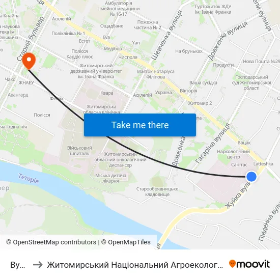 Вул. Жуйка to Житомирський Національний Агроекологічний Університет / Zhytomyr National Agroecological University map