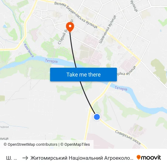 Ш. Сквирське to Житомирський Національний Агроекологічний Університет / Zhytomyr National Agroecological University map