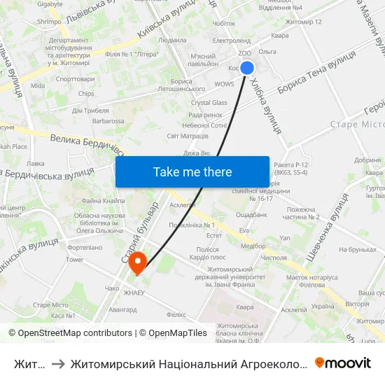 Житній Ринок to Житомирський Національний Агроекологічний Університет / Zhytomyr National Agroecological University map