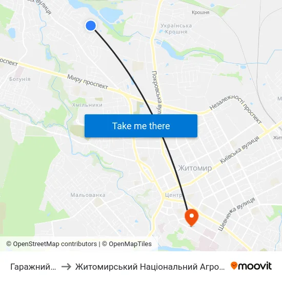 Гаражний Кооператив Аграрник to Житомирський Національний Агроекологічний Університет / Zhytomyr National Agroecological University map