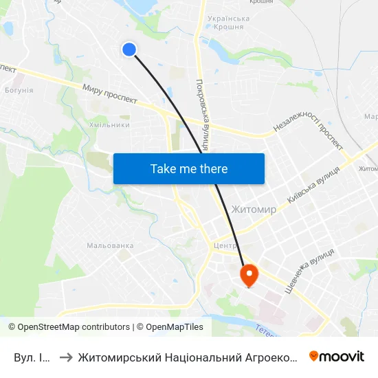 Вул. Індустріальна to Житомирський Національний Агроекологічний Університет / Zhytomyr National Agroecological University map