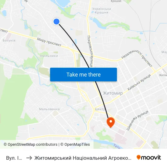 Вул. Індустріальна to Житомирський Національний Агроекологічний Університет / Zhytomyr National Agroecological University map