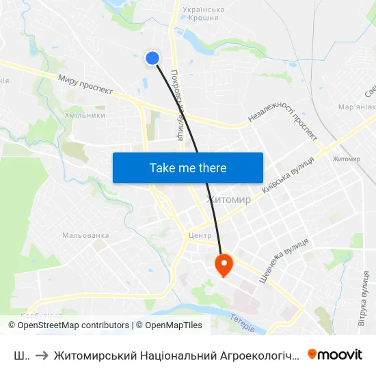 Школи to Житомирський Національний Агроекологічний Університет / Zhytomyr National Agroecological University map
