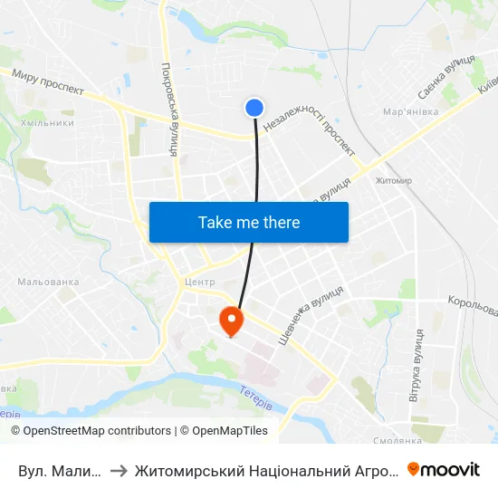 Вул. Малинська (Оптовий Ринок) to Житомирський Національний Агроекологічний Університет / Zhytomyr National Agroecological University map