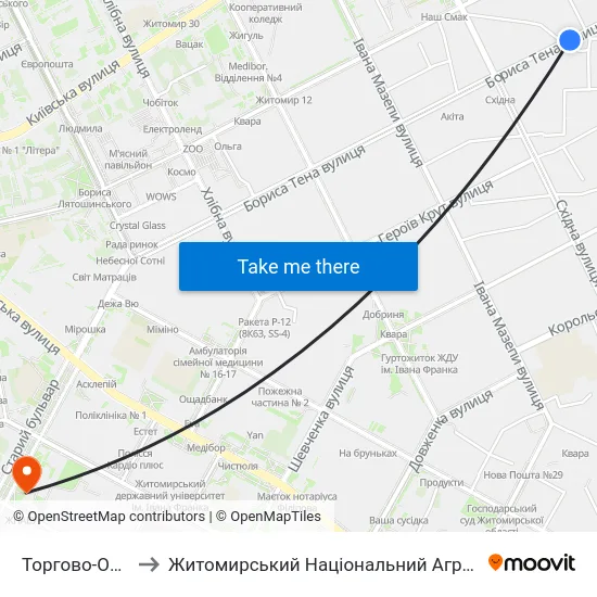 Торгово-Оздоровчий Центр Східний to Житомирський Національний Агроекологічний Університет / Zhytomyr National Agroecological University map