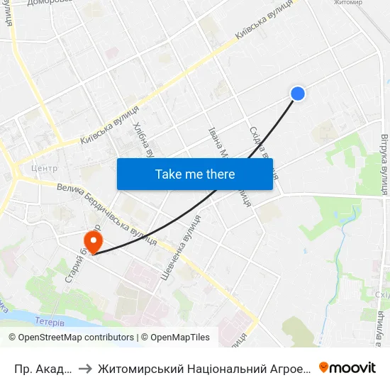 Пр. Академіка Тутковського to Житомирський Національний Агроекологічний Університет / Zhytomyr National Agroecological University map