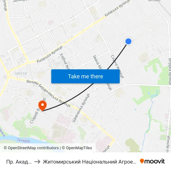 Пр. Академіка Тутковського to Житомирський Національний Агроекологічний Університет / Zhytomyr National Agroecological University map