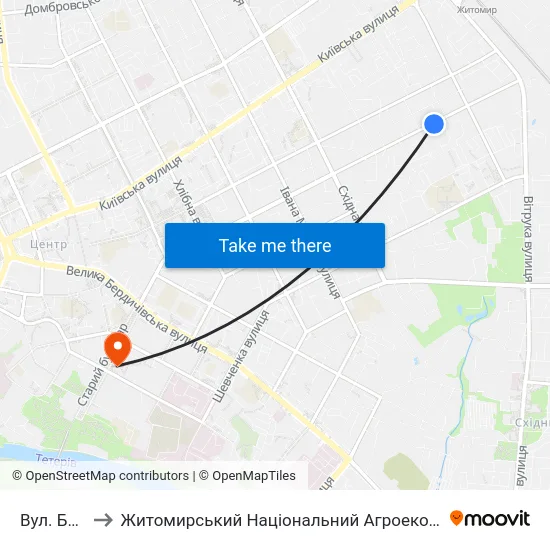 Вул. Бориса Тена 100 to Житомирський Національний Агроекологічний Університет / Zhytomyr National Agroecological University map