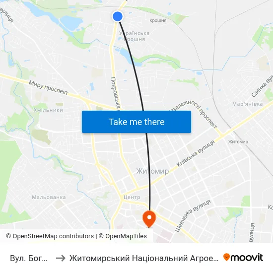 Вул. Богдана Хмельницького to Житомирський Національний Агроекологічний Університет / Zhytomyr National Agroecological University map