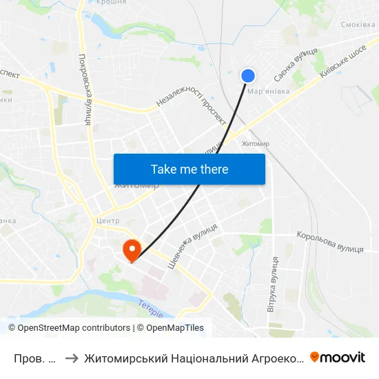 Пров. 3-Й Транзитний to Житомирський Національний Агроекологічний Університет / Zhytomyr National Agroecological University map