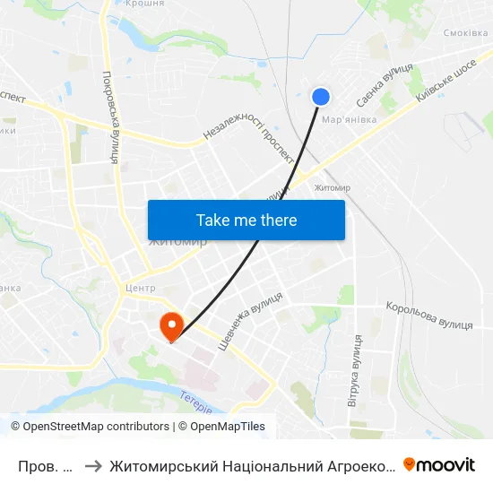 Пров. 3-Й Транзитний to Житомирський Національний Агроекологічний Університет / Zhytomyr National Agroecological University map