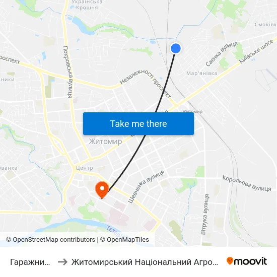 Гаражний Кооператив Восход to Житомирський Національний Агроекологічний Університет / Zhytomyr National Agroecological University map