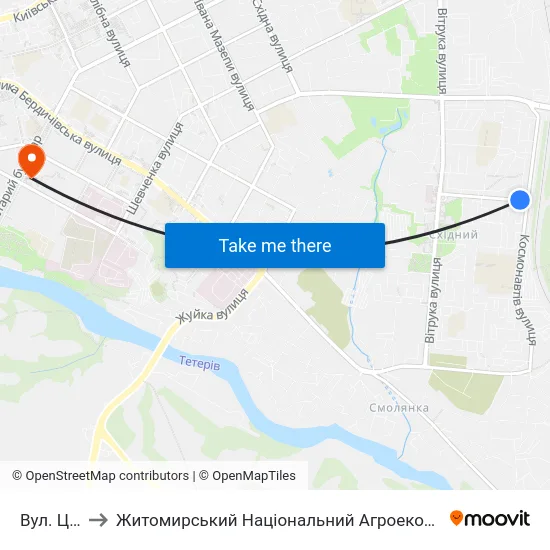 Вул. Ціолковського to Житомирський Національний Агроекологічний Університет / Zhytomyr National Agroecological University map
