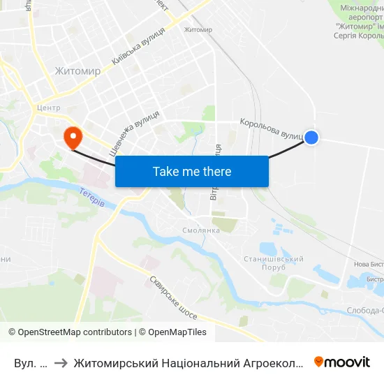 Вул. Корольова to Житомирський Національний Агроекологічний Університет / Zhytomyr National Agroecological University map