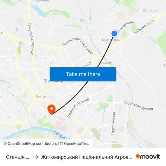 Станція Техобслуговування to Житомирський Національний Агроекологічний Університет / Zhytomyr National Agroecological University map