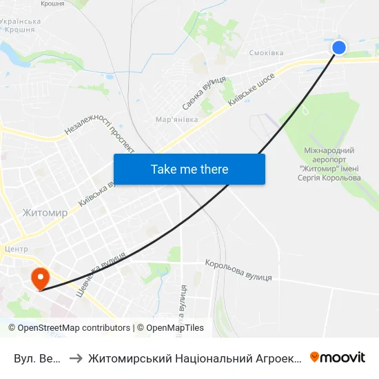 Вул. Вересівський Шлях to Житомирський Національний Агроекологічний Університет / Zhytomyr National Agroecological University map