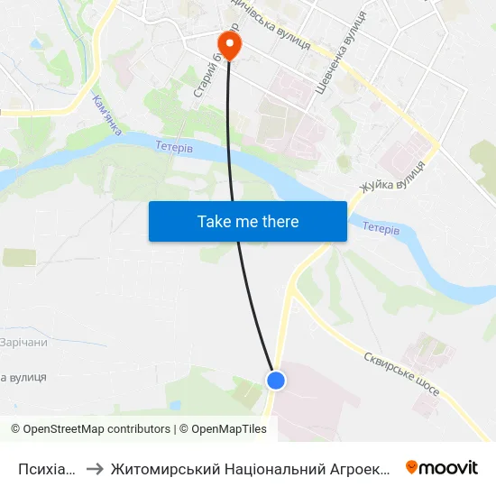 Психіатрична Лікарня to Житомирський Національний Агроекологічний Університет / Zhytomyr National Agroecological University map